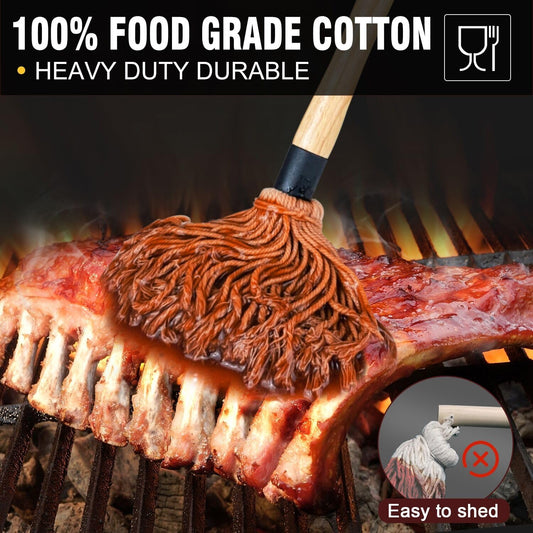 Walfos Basting Brush Silicone and BBQ Mop, Grill Basting Mop with 3 Heads and 2Pcs Pastry Brushes, Wooden Long Handle, Heat Resistant for Grilling, Smoking Steak, Kitchen Cooking (18")