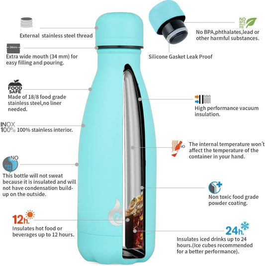BJPKPK Insulated Water Bottle 12oz Stainless Steel Water Bottles For Travel Keep Cold And Hot,Turquoise