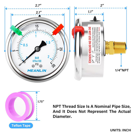 MEANLIN MEASURE 0~30Psi Liquid Filled Pressure Gauge 1/4" NPT 2.5" FACE DIAL Stainless Steel Glycerin Filled WOG Water Oil Air Back Mount (with 2PCS Snaps)