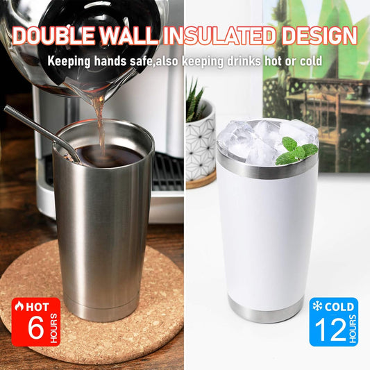 COMOOO 20oz Tumbler with Straw Stainless Steel Insulated Coffee Tumbler Cups Thermal Double Wall Vacuum Travel Coffee Mug with Splash Proof Sliding Lid for Home, Office, School (White, 1 Pack)