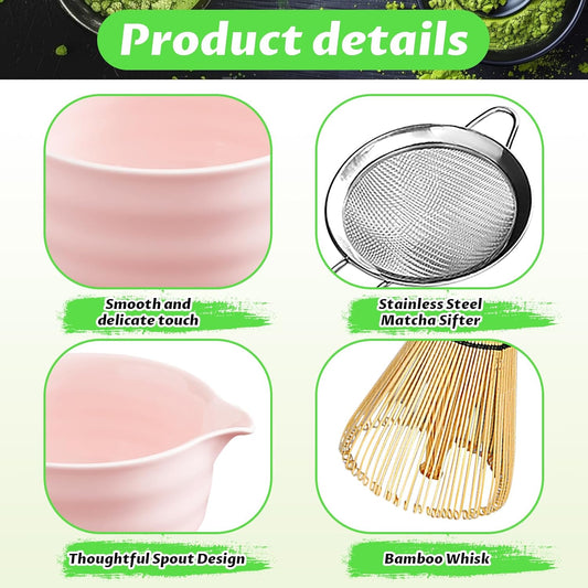 Matcha Set, 6 Pcs Matcha Whisk Set with 20 oz Bowl, Bamboo Whisk for Matcha Tea, Matcha Bowl, Ceramic Matcha whisk Holder, Stainless Sifter and Scoop - Gift for matcha kit Lovers(Pink)