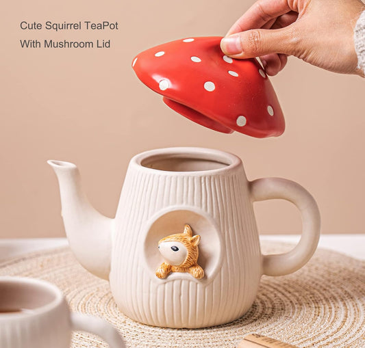Cute Mushroom Teapot, Handmade Glaze Polka Dot Lid, Safety Matt Ceramic Tea Pot, With squirrel decoration. 23 oz / 680 ml. Best Gifts for Women & Girls.