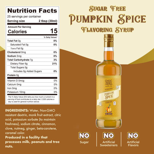 ChocZero Sugar Free Coffee Syrup, Pumpkin Spice Flavor, Simple Syrup Drink Mix, Chai Latte, Protein Shakes & Baking, Gluten Free, All Natural, 25.4 Ounces Bottle (Pack of 1)
