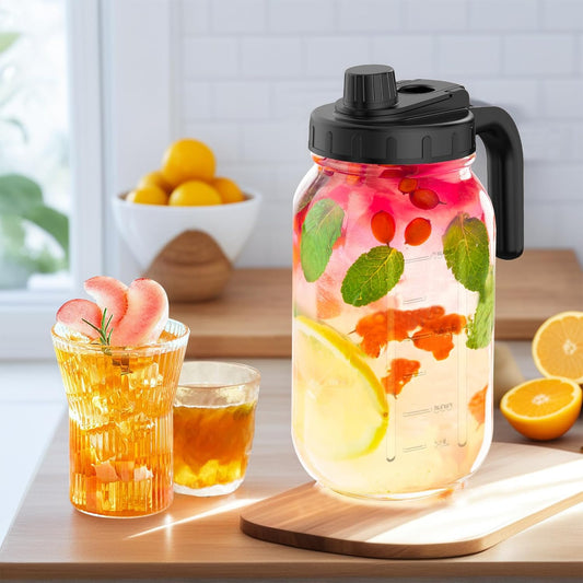 2 Pack 64oz Glass Mason Jar Pitchers with Wide Mouth & Measurement Marks – Leak-Proof Twist Lids for Cold Drinks, Iced Tea, Lemonade, and Juice