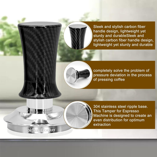 51mm Espresso Coffee Tamper for Espresso Machine: Calibrated Spring Loaded & Stainless Steel Ripple Base - Carbon Fiber Handle with Constant 30lb Fits All 51mm Portafilters | Bundle Including WDT Tool
