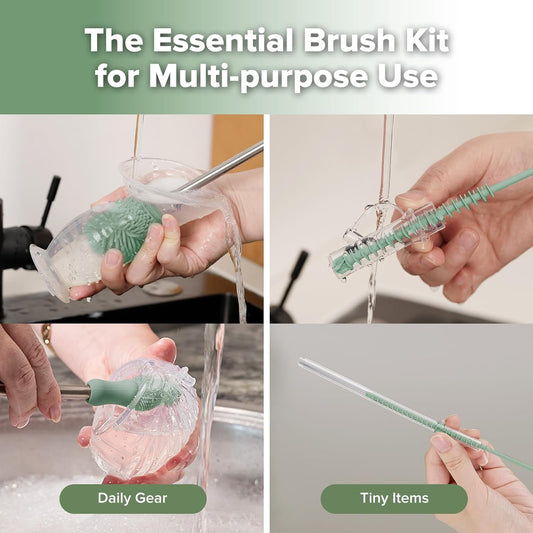 haakaa Silicone Cleaning Brush Kit - Baby Bottle Brush Cleaner for Breast Pump,Nipple,Breast Milk Storage Bag,Reusable Straw,Sippy Cup - Food Grade Silicone Bristles, Portable - 3 Pcs - Pea Green