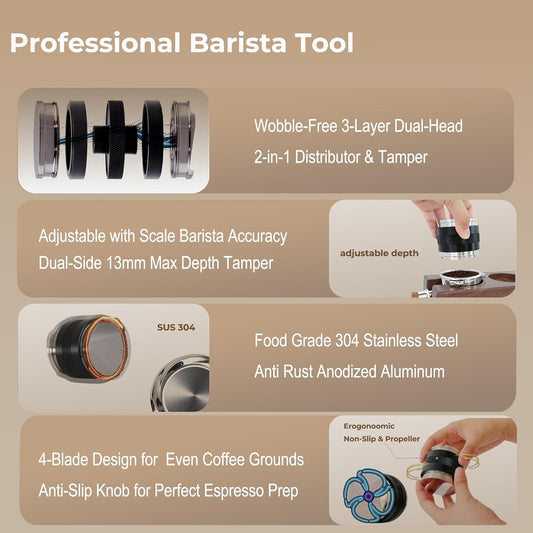51mm Coffee Distributor & Tamper - Dual Head Adjustable Depth for Breville Barista Pro/Express/Touch - 304 Stainless Steel Coffee Leveler and Hand Tamper, Black