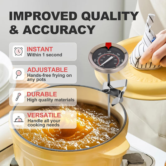 Glow-in-The-Dark Candy Thermometer Waterproof - 9" Deep Fry & Candy Thermometer with Pot Clip – High-Heat, Waterproof for Oil, BBQ, Candle Making,Black