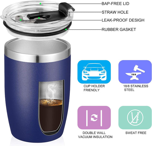 VEGOND Stainless Steel 12 oz Tumblers bulk Vacuum Insulated Double Wall Travel Tumbler with Lid and Straw Reusable Tumbler, Navy Blue 6 pack