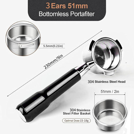 51mm Bottomless Portafilter for Delonghi Dedica EC680, EC685,SMEG and EUPA Coffee Machines, 3-Ear Design, Stainless Steel 51mm portafilter with Stainless Steel Double Shot Capacity Cup Filter Basket