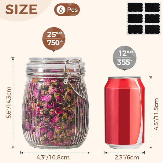 ComSaf Airtight Glass jar with lid 26oz Set of 6, Glass Storage Containers with Lids, Glass Canister, Mason Jars, Striped Clip Fastening Jar for Kitchen Canning, Oat, Coffee, Pasta, Snack, Nut, Candy