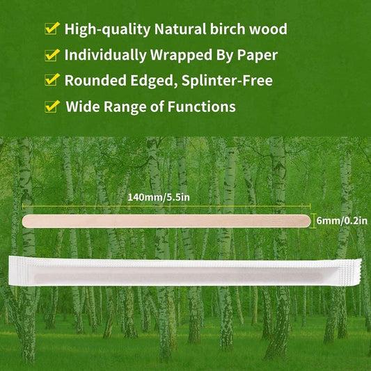 1000pcs Individually Wrapped Coffee Stirrers Wood - 5.5" Coffee Stir Sticks, Round End Disposable coffee stirrer, For Coffee, Cocktail and Hot Drinks