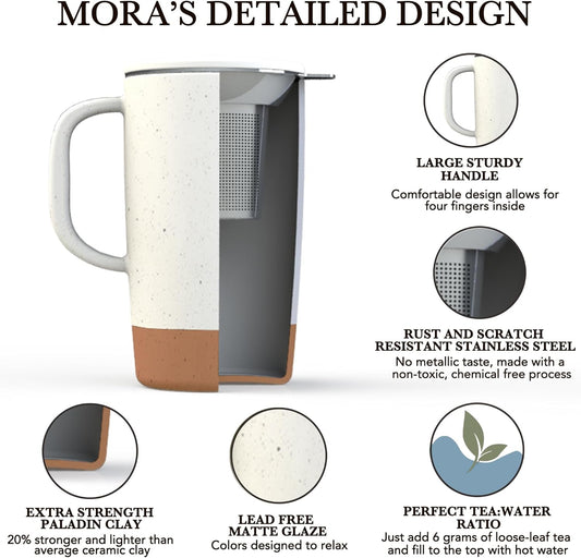 Mora Ceramics Large Tea Mug with Loose Leaf Infuser and Ceramic Lid, 18 oz, Portable, Microwave and Dishwasher Safe, Tall Coffee Cup - Rustic Matte Ceramic Glaze, Modern Herbal Tea Strainer, Cotton