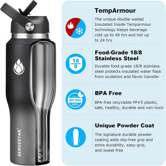 SENDESTAR 40oz Stainless Steel Water Bottle(Cold for 48 Hrs, Hot for 24 Hrs),Double Wall Vacuum Insulated Bottle with Straw Lid, Spout Lid and Flex Cap, Fit in Any Car Cup Holder,Grey-B
