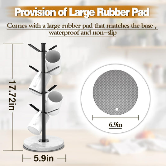 Marble Mug Holder Tree, 8 Hooks Coffee Cups Stand, New Upgraded Stable Mug Stand for Kitchen Counter Cabinet Cafe Black