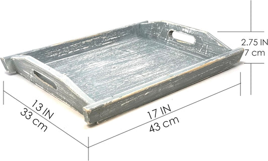 Allgala Wooden Tray 17""x13""x2"" Boat Style Vintage Grey Stylish Rustic Farmhouse Decor Serving Platter | Wooden Ottamen Tray | Coffee Table Tray I Bed Tray, Gray
