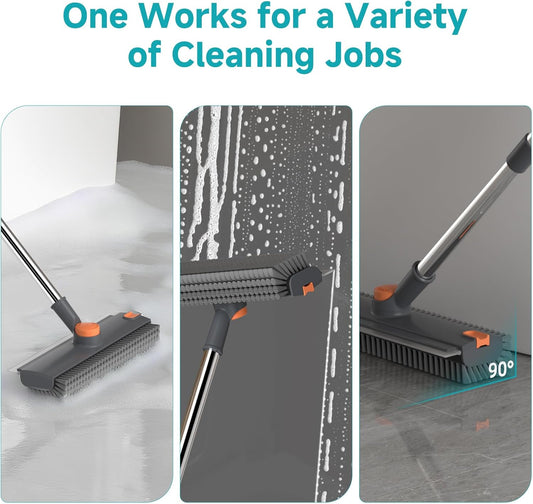 Floor Scrub Brush with Long Handle Length Adjustable, 3 in 1 Heavy-Duty Stiff 90° Bristle Floor Scrubber Broom with Squeegee, Cleaning Brush for Bathroom, Garage, Kitchen, Tile, Deck & Patio (Gray)