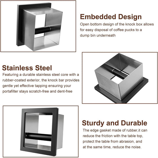 Bottomless Knock Box Espresso, Embedded Coffee Knock Box, Stainless Steel Countertop Espresso Grounds Container for Commercial Cafes Restaurants Home (5.44 x 5.91”)