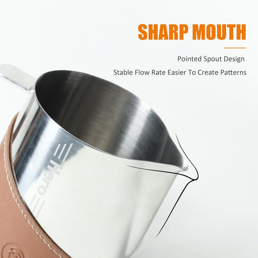 Milk Frothing Pitcher 450ml/16oz 304 Stainless Steel Espresso Steaming Pitcher with PU Leather, Milk Frothing Jug,milk frother cup,Milk Jug Cup,Premium Barista Tools,Latte Art (Bright,16oz)