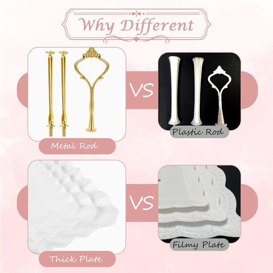 PinCute 5 Pcs Dessert Table Display Set - 2 X Cupcake Stand Holder/Cup Cake Tier Tower & 3 X Serving Tray Combo for Tea Party, Birthday, Baby Shower (Wave Square)