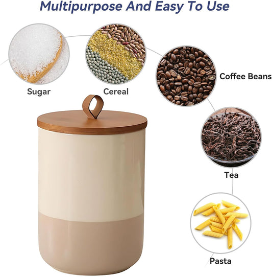 Coffee Canister, Ceramic Food Storage Jars with Lids Salt Matcha Container Brown Sugar Container Bowl for Kitchen Tea, Coffee Beans, Spice (#001Khaki-44oz/1300ml)