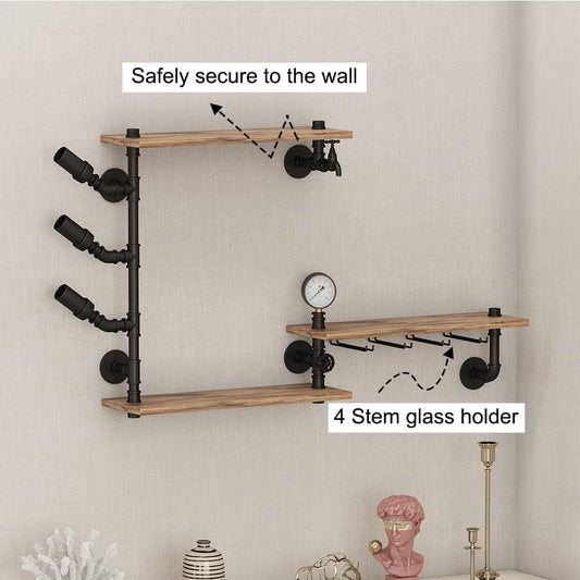 3 Tier Industrial Wall Wine Rack, 46in Floating Bar Liquor Shelves with 4 Stem Glass Holder, Pipe Shelf Shelving Wine Glass Rack, Wine Rack Wall Mounted Living Room Kitchen Decor, Black