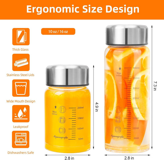 Glass Juice Bottles 6 Pack 10 oz - Wide Mouth Glass Water Bottles with Lids - for Juicing, Smoothies, Milk, Protein, BPA Free, Reusable, Stainless Steel Lids, Leak Proof, Shaker bottle (10oz/300ml)