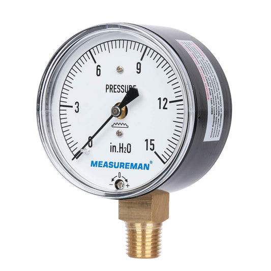MEASUREMAN Diaphragm Type Capsule Low Pressure Gauge, 2-1/2" Dial, 1/4" NPT Lower Mount, Adjustable, 0-15 in H2O(Inches of Water)