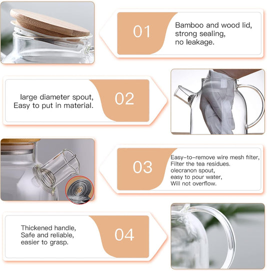 60.8oz Glass Teapot, Stovetop & Microwave Safe Glass Borosilicate Tea Pot,Clear Teapot with Strainer, Glass Tea Kettle with Wooden Lid, Loose LeafćFruit Tea and Fragrant Tea