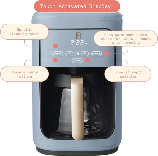 Beautiful Coffee Maker, 14-Cup, Touch Display, Programmable, 1200W, Stainless Steel, Keep Warm, 24h Timer dishwasher-safe (Cornflower Blue)