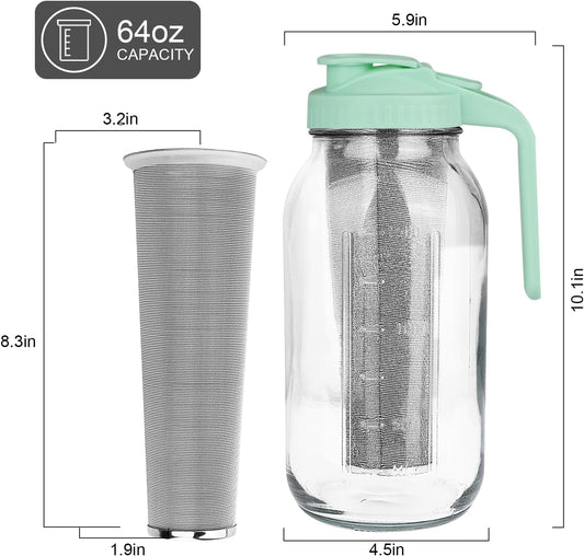 Cold Brew Coffee Maker,64 oz Wide Mouth Mason Jar Pitcher with Stainless Steel Filter, Pour Spout Handle Lid, Heavy Duty Glass Airtight & Leak-Proof Pitcher for iced coffee & Tea Lemonade-Green