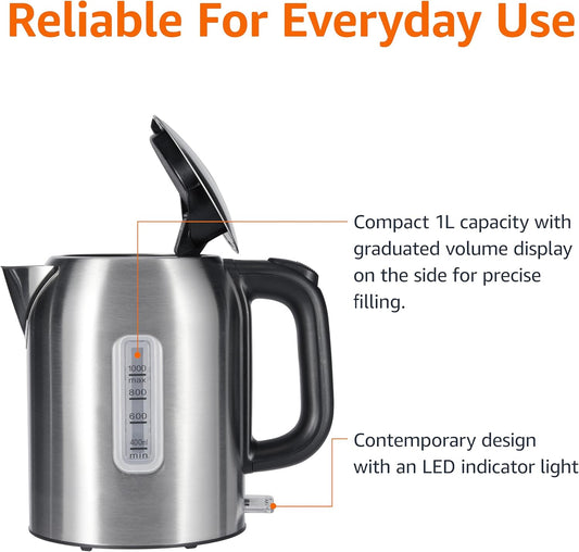Amazon Basics 1.1Qt (1L) Electric Kettle, Tea Kettle & Water Boiler, with Auto Shut-Off, Boil Dry Protection, High-Safety Strix Thermostat, BPA-Free, 1500W, Stainless Steel, New Model, Black & Silver