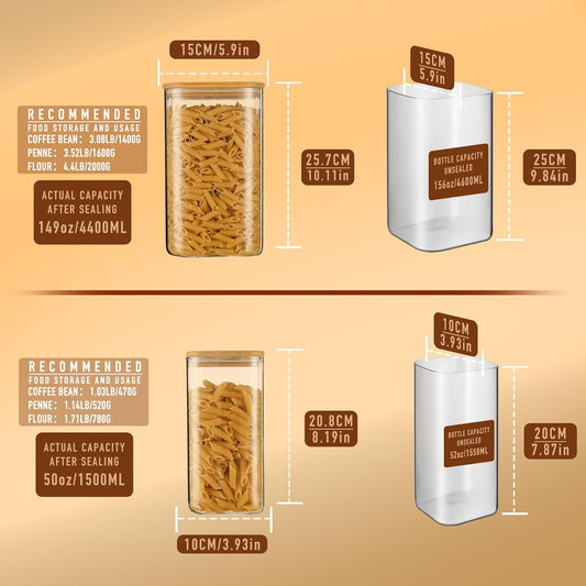 156oz 52oz Airtight Glass Square Storage Canister with Bamboo Lid Set of 2(4600ml*1 1550ml*1) Large Gallon Glass Jars for Sugar, Flour, Cookies and Coffee beans (with Black Lable)