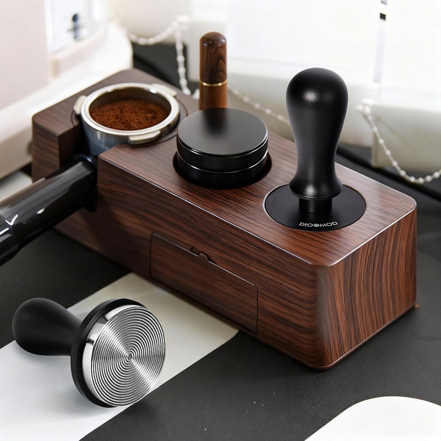 Espresso Tamper, Stainless Steel Coffee Tamper Hammer, Spring Loaded Pounder with Comfort Grip, Manual Espresso Press Fits Breville/Sage Handle, Textured Stainless Steel Base, Black 58mm
