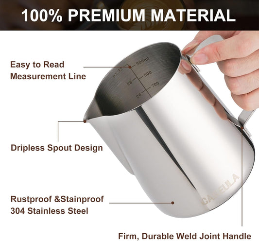 Milk Frothing Pitcher, 32oz Stainless Steel Milk Frother Cup Steaming Pitcher, Coffee Bar Cappuccino Espresso Machine Accessories Barista Tools, Metal Pitcher Milk Jug with Decorating Latte Art Pen