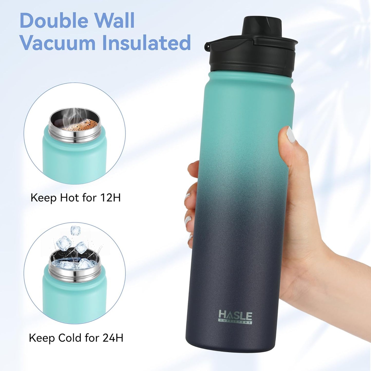 HASLE OUTFITTERS Insulated Water Bottle 22 oz Double Wall Stainless Steel Water Bottle Wide Mouth with Straw Lid & Spout Lid Keeps Cold or Hot(Green Blue Gradient,1)