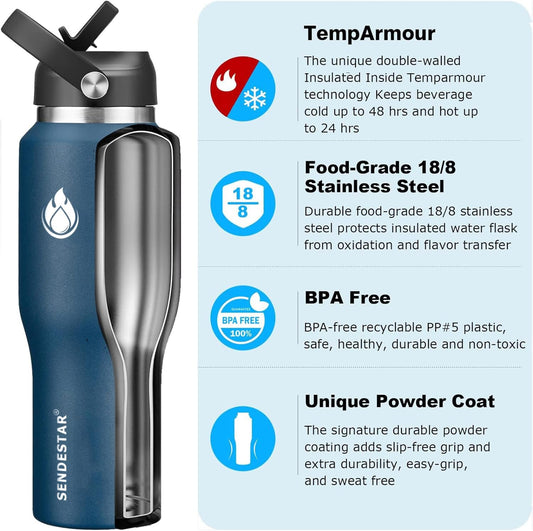 SENDESTAR 40oz Stainless Steel Water Bottle(Cold for 48 Hrs, Hot for 24 Hrs),Double Wall Vacuum Insulated Bottle with Straw Lid, Spout Lid and Flex Cap, Fit in Any Car Cup Holderļ¼Navy