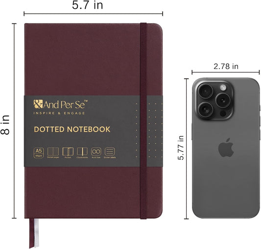 &And Per Se Dotted Journal Notebook, A5 Hardcover Leather Bullet Dotted Journal, 160 Pages 100 gsm Thick Paper,3 Sheets of Stickers Included - 5.7'' x 8''(Dark Red)