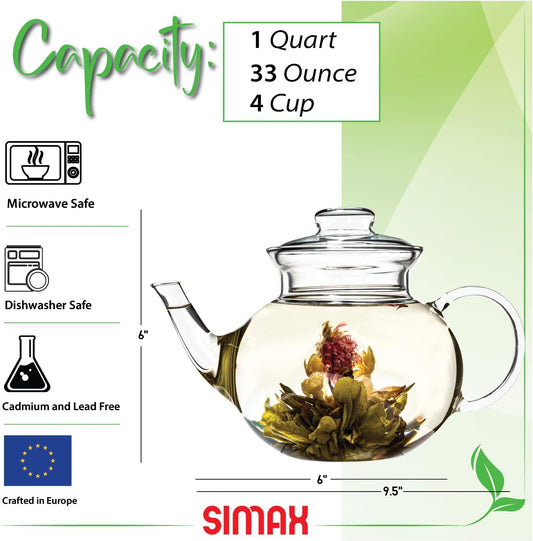 Simax Glassware 33 Ounce Glass Teapot | With Spout, Microwave and Stovetop Safe, Heat, Cold, and Thermal Shock Resistant Borosilicate Glass, Makes a Stunning Presentationā¦