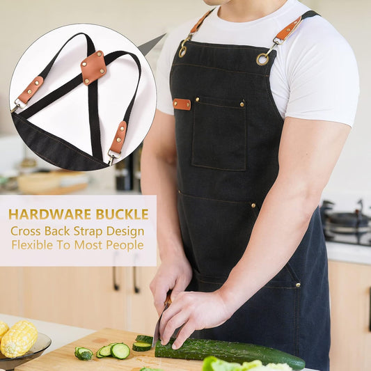 Canvas Aprons for Men Chef Apron, Work Apron with Large Pockets - 16oz Heavy Duty Cross Back, BBQ, Cooking
