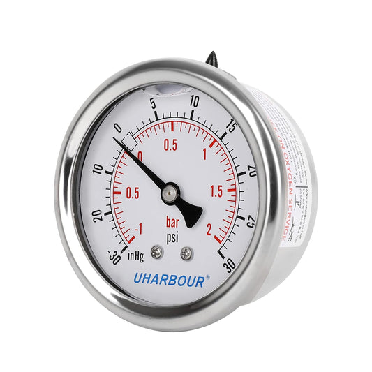 Glycerin Filled Vacuum Pressure Gauge -30HG/30PSI, 2-1/2" Clear dial Vacuum Gauge,1/4" NPT Back Connection, Stainless Steel Case, Brass Movement, Dual Scales