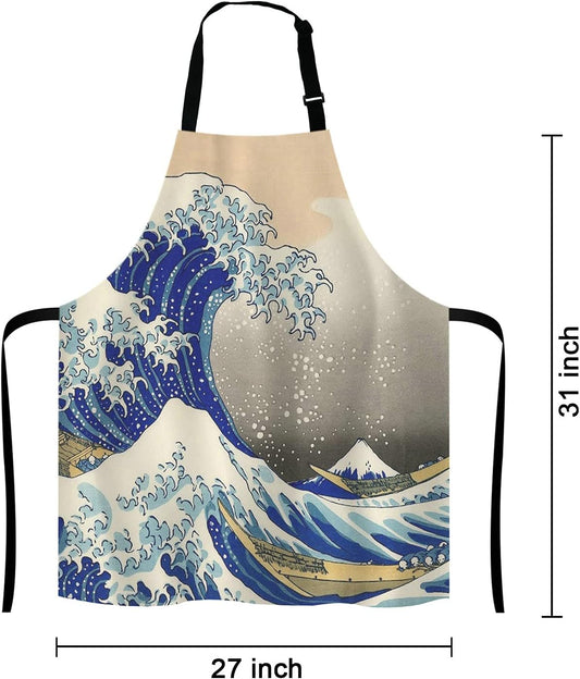 Hokusai The Great Wave Bib Apron with Adjustable Neck for Men Women,Suitable for Home Kitchen Cooking Waitress Chef Grill Bistro Baking Apron
