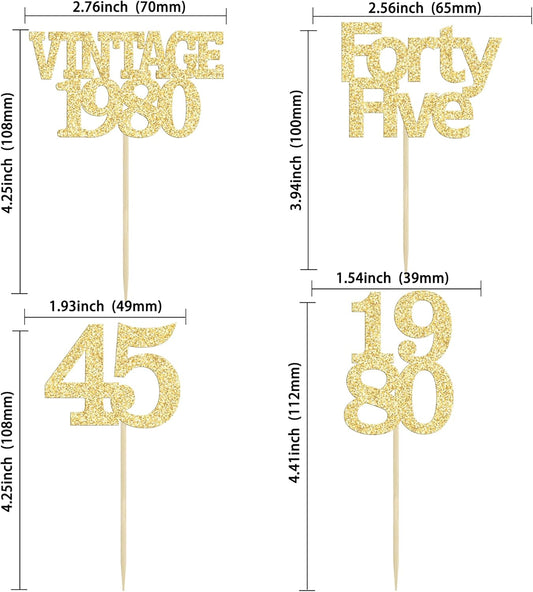 Gyufise 24Pcs 45th Birthday Cupcake Toppers Glitter Cheers to 45 Fabulous Forty Five Vintage 1980 Cupcake Picks 45th Birthday Wedding Anniversary Party Cake Decorations Supplies Gold