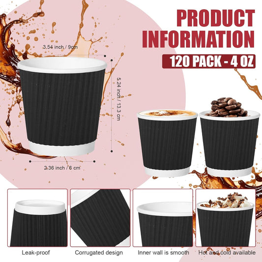 500 Pack Paper Espresso Coffee Cups, 4 oz Disposable Coffee Cups,Corrugated Insulated Ripple Wall, Paper Ripple Cup for Coffee, Hot Chocolate and Hot Tea Drinks -Black