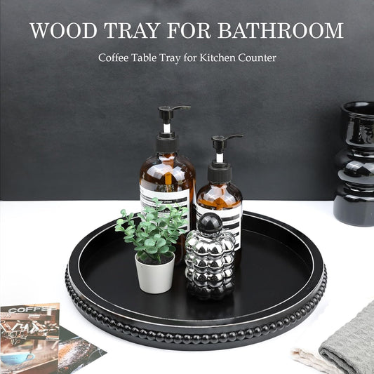 Round Black Wood Serving Tray with Beads, Wooden Decorative Tray for Entertaining, Decoration, and Gifting,