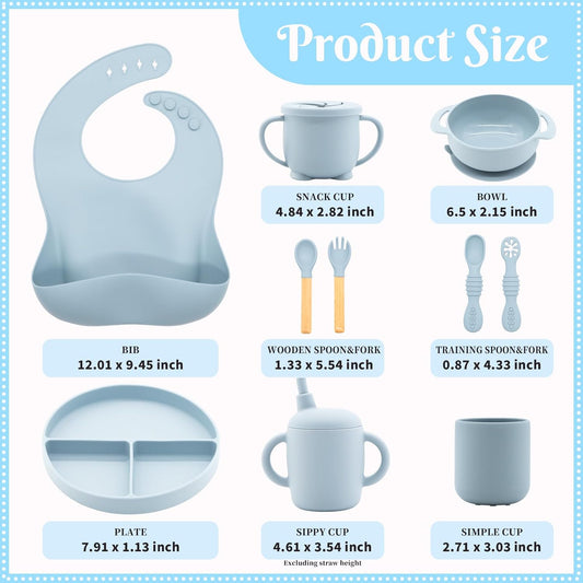 Silicone Baby Feeding Set 10 Pcs, Baby Led Weaning Supplies, BPA Free, Blue