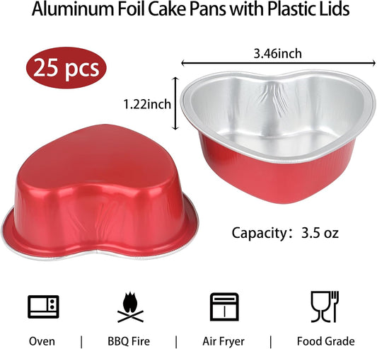 Mini Heart Shaped Cake Pans 3.5oz Aluminum Foil Heart Cake Pan with Lids, 25 pcs Disposable Small Heart Baking Pan Red for Valentine Weddings Birthday