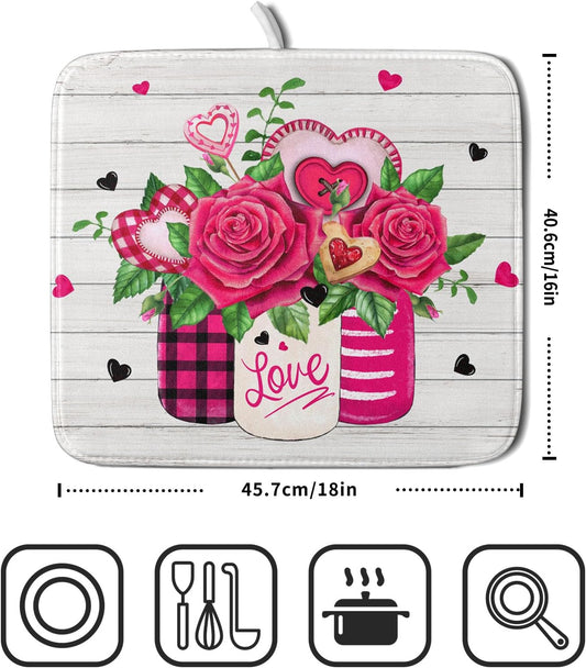 Valentine's Day Rose Flower Dish Drying Mat for Kitchen Counter,Mason Jar Pink Love Heart Drying Mat 16 x 18 Inch with High Absorbent Microfiber Drainer Mat for Coffee Bar