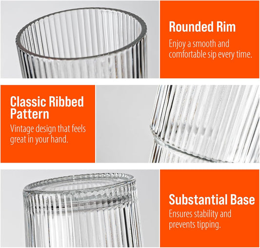 20oz Ribbed Glass Tumblers with Lids & Straws, Ideal for Iced Coffee, Cocktails & More - Includes Cleaning Brush