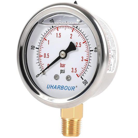 Glycerin Filled Low Pressure Gauge 50psi/3.5bar, Stainless Steel case, Brass Inside Construction, 2-1/2" dial, 1/4" NPT Rear Connection.